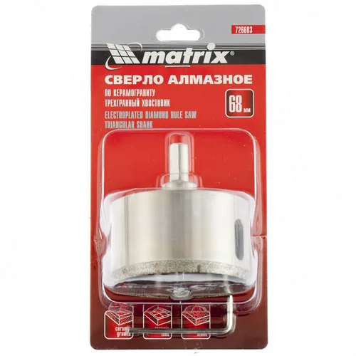 Сверло алмазное MATRIX по керамограниту, 68 х 67 мм, 3-гранный хвостовик