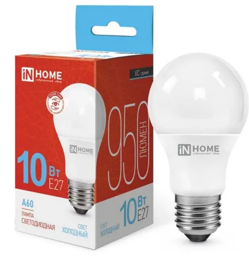 Лампа светодиодная LED-A60-VC 10Вт 230В Е27 6500К 950Лм IN HOME