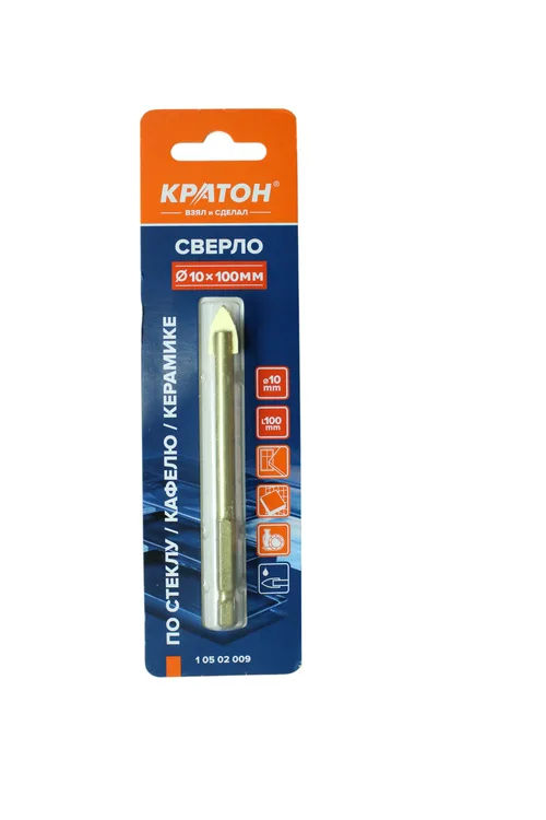 Сверло по стеклу и кафелю Кратон, шестигранный хвостовик d10 х 100 мм