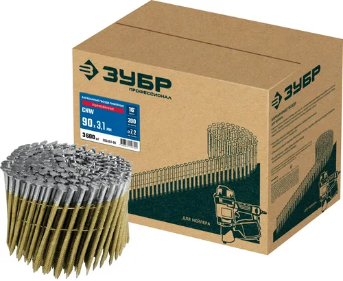 Гвозди барабанный ЗУБР CNW рифленые 90x3.1 мм, оцинкованные, 3600 шт             