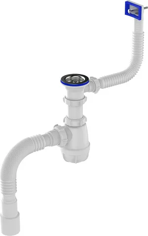 Сифон Aquant для кухни 1 1/2х40 с метал. решеткой 70мм с прямоугольным переливом с гофротрубой 40х40/50