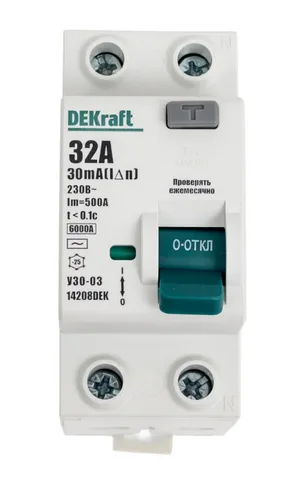 Устройство защитного отключения DEKraft УЗО-03 2P 32А 30мА 6кА, тип AC           