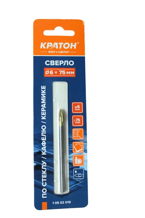 Сверло по стеклу и кафелю Кратон, 4-х резцовый, d6 х 75 мм