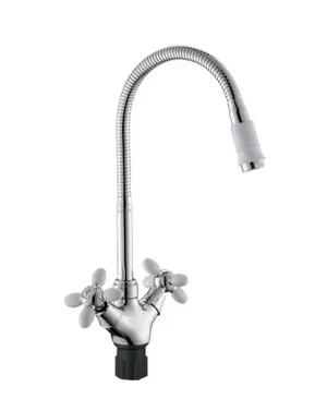 Смеситель АНТЕЙ Радуга 5870717 д/кухни, с 2-мя рукоятками, высоким гибким изливом, белые ручки и наконечник