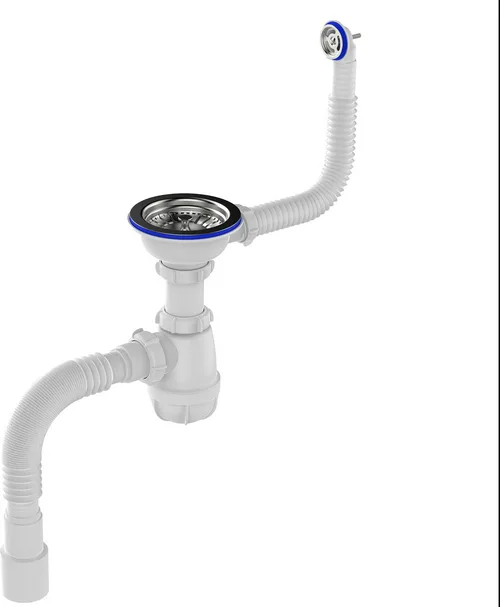 Сифон Aquant для кухни 3 1/2х40 с метал. решеткой 115мм, с круглым переливом с гофротрубой 40х40/50