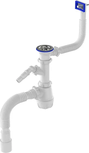 Сифон Aquant для кухни 1 1/2"х40 с метал. решеткой 70мм с прямоугол. переливом с отводом для стиральной машины с гофротрубой 40х40/50