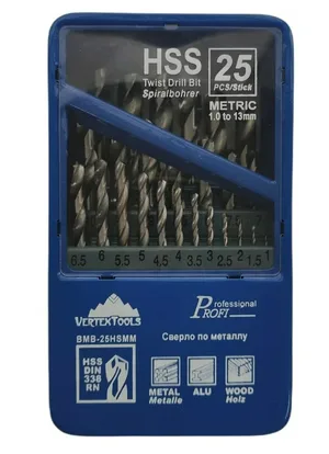 Набор сверл по металлу Vertex HSS 25 шт, 1-13 мм