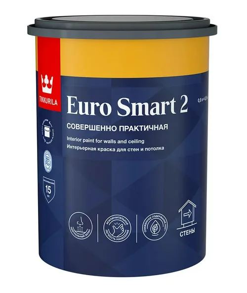 Краска ВД TIKKURILA EURO SMART 2 интерьерная для стен и потолков, база A, глубоко матовая, 9л
