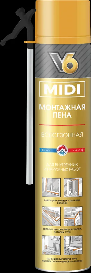 Пена монтажная V6 MIDI бытовая, всесез, 560г