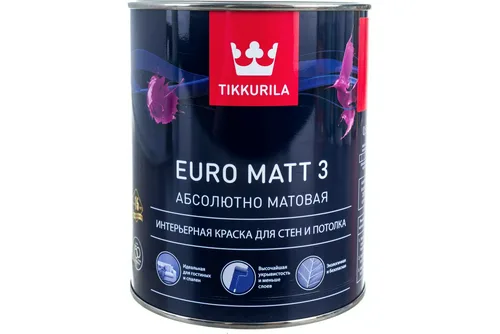 Краска ВД TIKKURILA ЕВРО MATT-3, для стен и потолка,интерьерная,глубокоматовая,база А, 0,9л