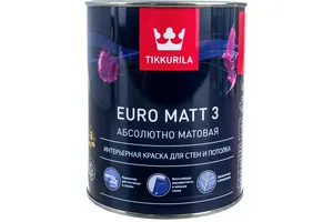 Краска ВД TIKKURILA ЕВРО MATT-3, для стен и потолка,интерьерная,глубокоматовая,база А, 0,9л