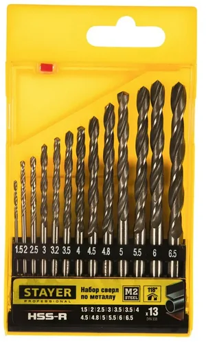 Набор сверл по металлу STAYER Professional HSS-R, (1.5-6.5 мм),13шт.
