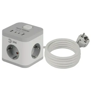 Удлинитель ЭРА CUBE-3es-1,5m-4USB-W, куб с заземл., с выключателем, 3 розетки+4xUSBA+C, 1,5м 16А белый