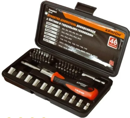Отвертка-держатель реверсивная с битами и торцевыми головками Кратон Complect SSK-06, 46 пр. в кейсе