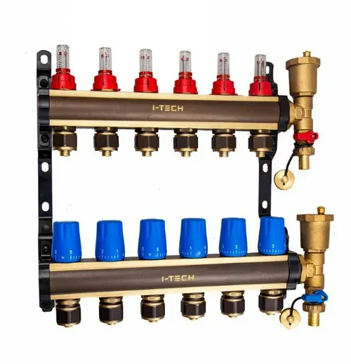 Блок коллекторный I-TECH, с регулирующими клапанами и расходомерами 6 вых 1" евроконус 3/4", латунь