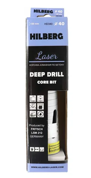 Коронка алмазная Hilberg Laser Deep Drill 4T, 40*150 мм, безударная, сухое сверление (армированный бетон, железобетон,кирпич)