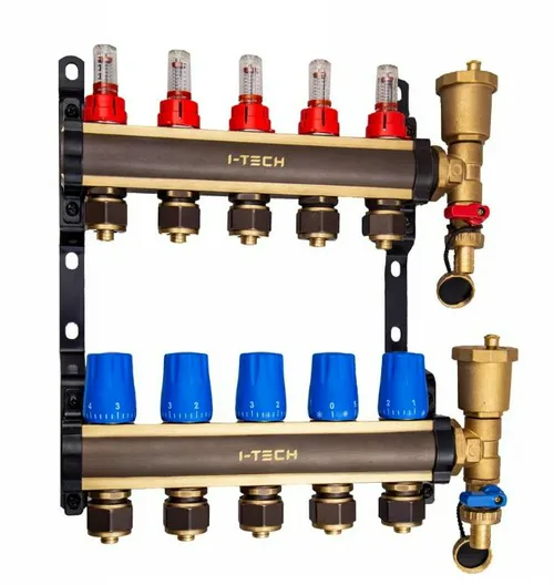 Блок коллекторный I-TECH, с регулирующими клапанами и расходомерами 5 вых 1" евроконус 3/4", латунь