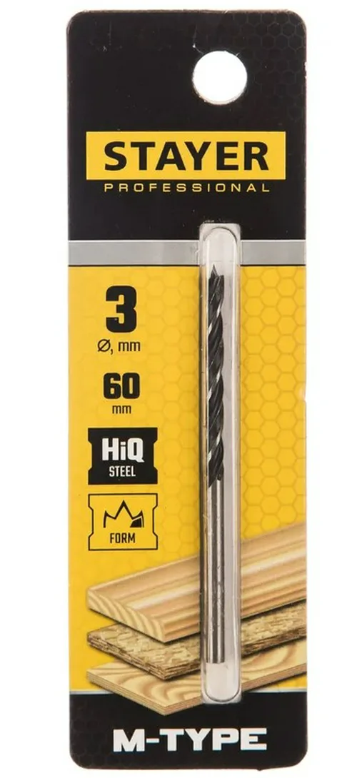 Сверло по дереву STAYER M-type, 3.0 x 60/30 мм, спиральное, М-образная заточка