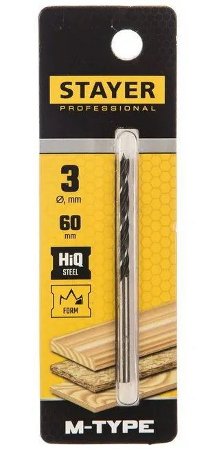 Сверло по дереву STAYER M-type, 3.0 x 60/30 мм, спиральное, М-образная заточка