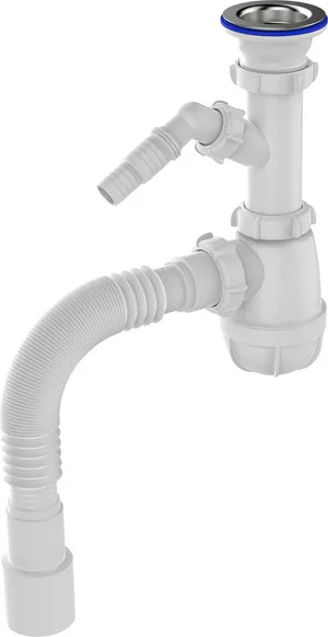 Сифон Aquant для кухни 1 1/2"х40 с метал. решеткой 70мм, с отводом для стиральной машины с гофротрубой 40х40/50