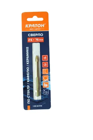 Сверло по стеклу и кафелю Кратон, шестигранный хвостовик, 4-х резцовый, d6 х 75 мм