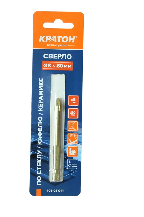 Сверло по стеклу и кафелю Кратон, шестигранный хвостовик, 4-х резцовый, d8 х 80 мм