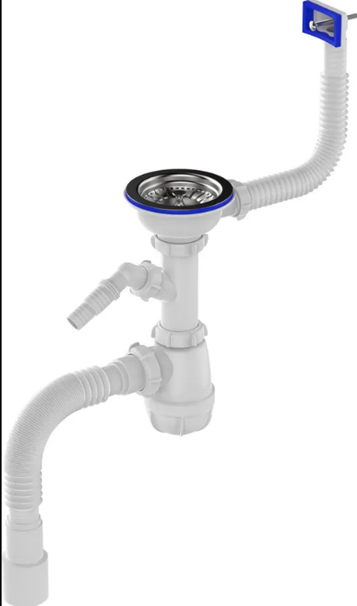 Сифон Aquant для кухни 3 1/2х40 с метал. решеткой 115мм с прямоуг. переливом с отводом для стиральной машины с гофротрубой 40х40/50