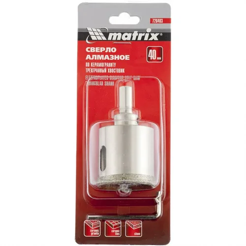 Сверло алмазное MATRIX по керамограниту, 40 х 67 мм, 3-гранный хвостовик