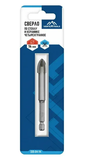 Сверло по стеклу и керамике VERTEX 14мм, 4-х гранное.