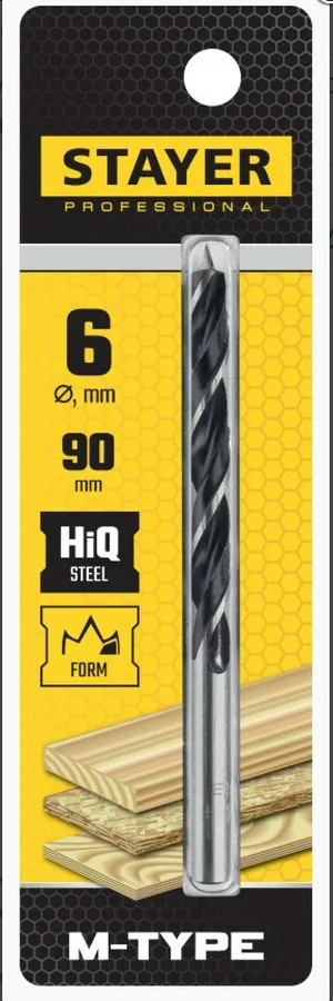 Сверло по дереву STAYER M-type, 6.0 x 90/50 мм, спиральное, М-образная заточка