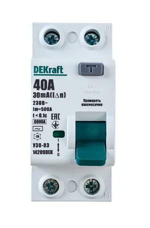 Устройство защитного отключения DEKraft УЗО-03 2P 40А 30мА 6кА, тип AC           