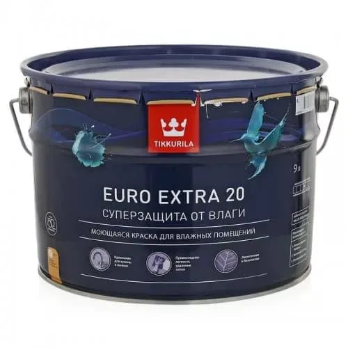 Краска ВД TIKKURILA ЕВРО-20 Extra,моющаяся,для влажных помещений,полуматовая 9л