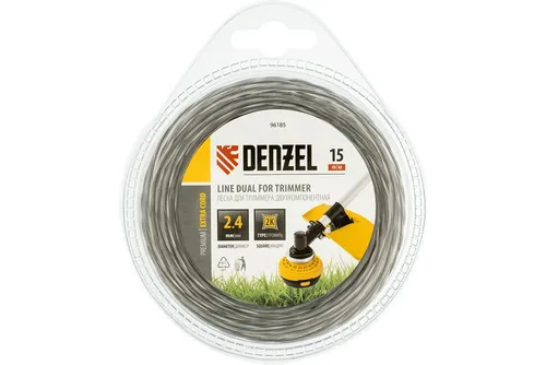 Леска триммерная двухкомпонентная Extra cord DENZEL 2,4х15м, витой квадрат