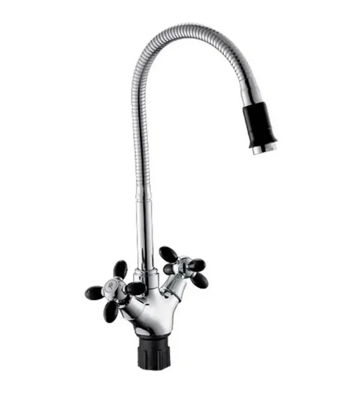 Смеситель АНТЕЙ Радуга 5870716 д/кухни, с 2-мя рукоятками, высоким гибким изливом, черные ручки и наконечник