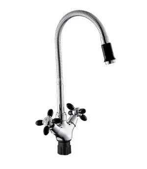 Смеситель АНТЕЙ Радуга 5870716 д/кухни, с 2-мя рукоятками, высоким гибким изливом, черные ручки и наконечник