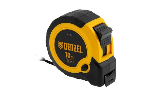 Рулетка Denzel, 10м х 25мм, двухкомп. корпус, кнопка-пауза