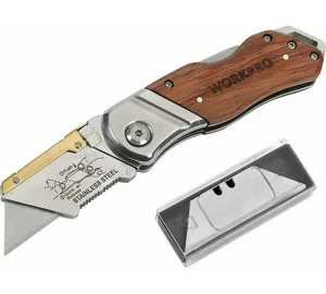 Нож WORKPRO складной с деревянной рукояткой + 11 лезвий