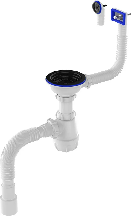 Сифон Aquant для кухни 3 1/2х40 с черной метал. решеткой 115мм с прямоуг/круглым переливами с гофротрубой 40х40/50 