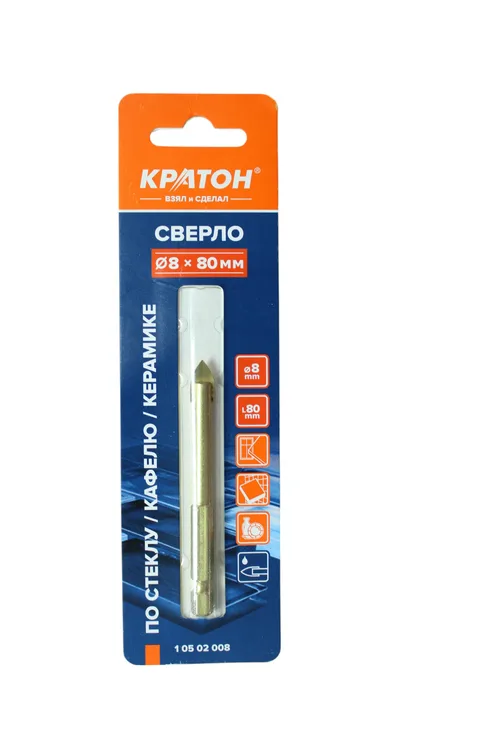 Сверло по стеклу и кафелю Кратон, шестигранный хвостовик d8 х 80 мм